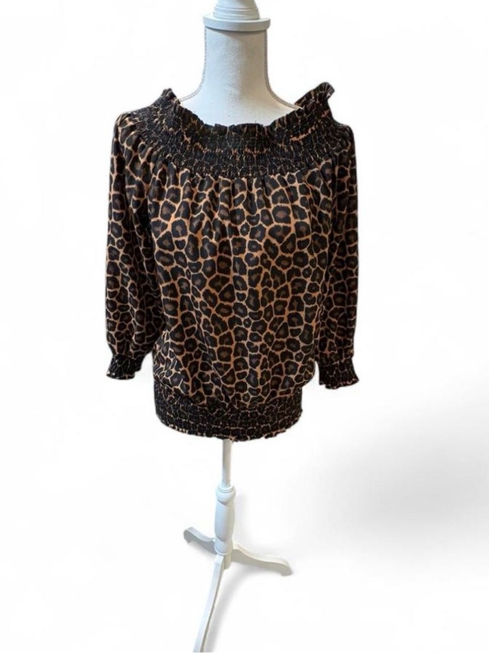 Michael Kors Brown Leopard Smocked Off-Shoulder Blouse